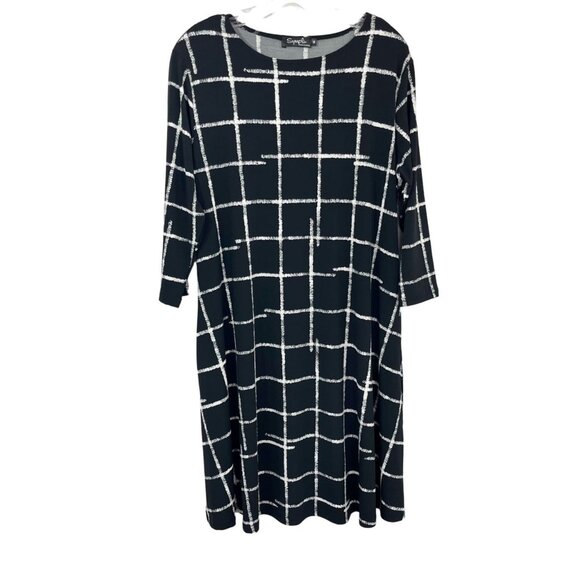 Sympli Black White Grid Plaid Geometric Print Midi Dress Pockets Jersey Size 14 - Picture 1 of 7